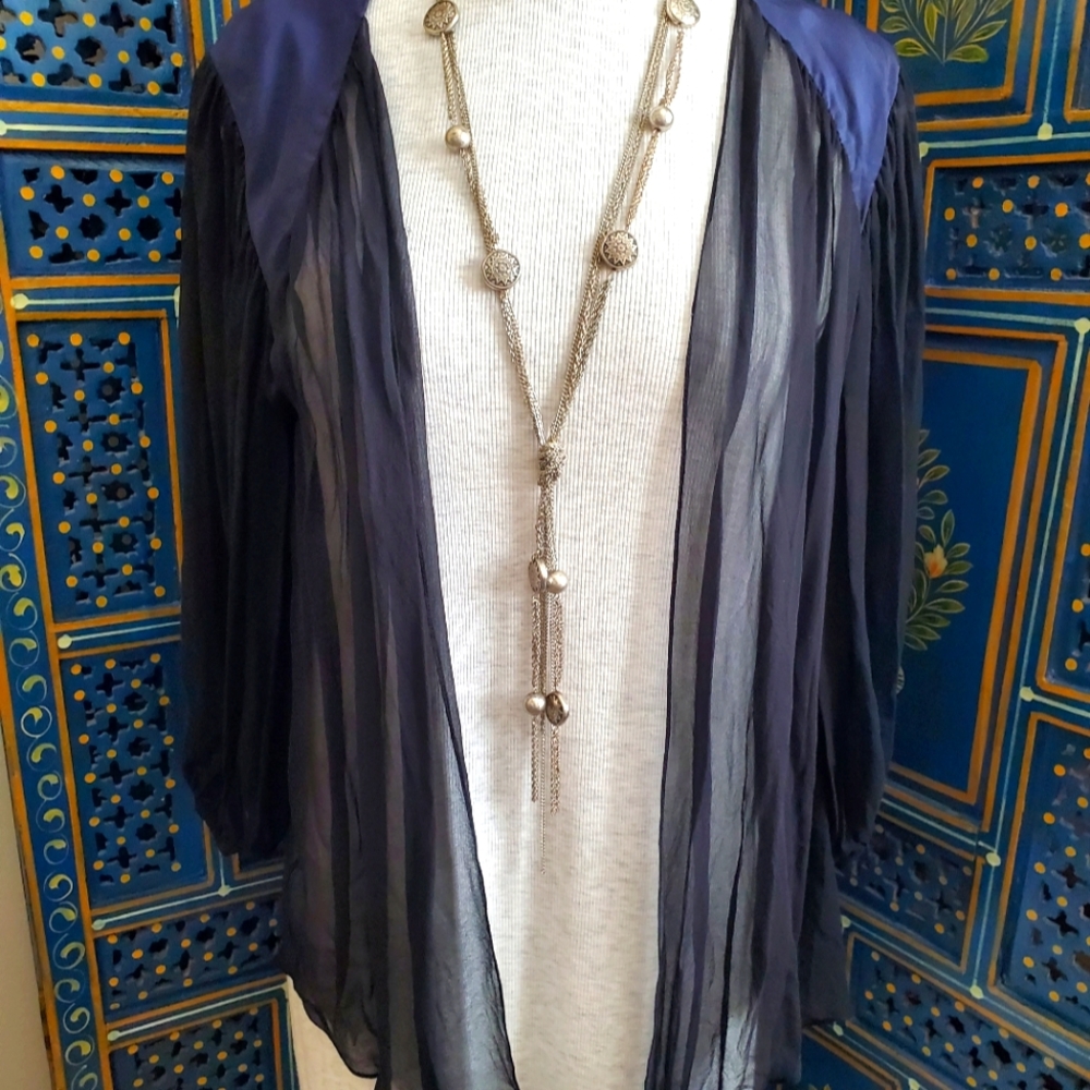 Anthropologie Black Sheer Silk Chiffon Navy Loose Fit Cardigan Women's Size S/M